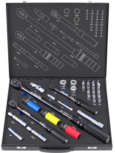 TECPO Jeu de 32 clés dynamométriques 1/2, 1/4, 3/8, 5-25 Nm, 10-30 Nm, 20-200 Nm avec douilles, embouts 1/4, adaptateur 1/4, rallonge, joints de cardan et douilles à bougie d'allumage