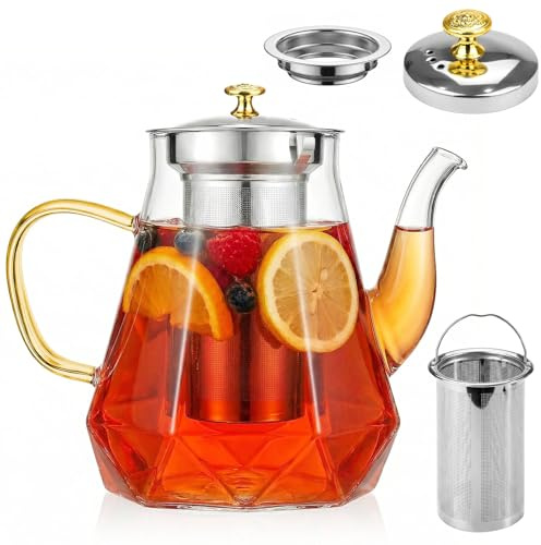 Glass Teapot 1000ml - Tea Pot with Infuser & Lid, Gold Handle Borosilicate Glass Teapots with Stainless Steel Strainer for Loose Leaf Tea Large Modern Tea Pot Maker Tea Pots for 4-6 Cup