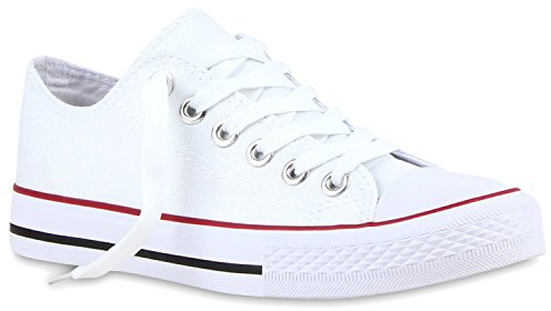stiefelparadies Modische Damen Schuhe Sneakers Low Freizeit Canvas Schuhe Komfort 118907 Weiss Rotstreifen 36 Flandell
