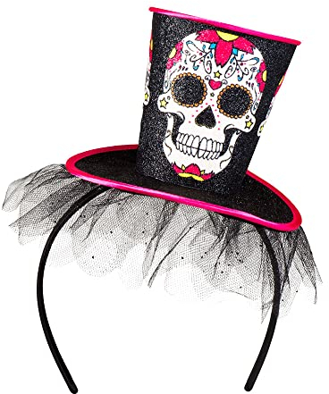 Boland 97037 - Haarreif La Flaca, Tiara mit Minihut, Tüll und Totenkopf, Dia de los Muertos, Kopfbedeckung, Kostüm, Karneval, Mottoparty, Halloween