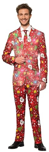 Suitmeister Herren-Weihnachtsanzug -Weihnachtsbeleuchtung Festliches Outfit - Tailliert Party Kostüme - Rot