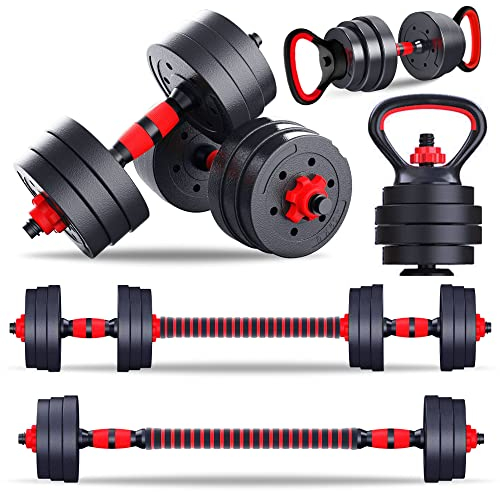 FAIRWAYUK 6 in one Vinyl Hand Weights 20kg Adjustable Dumbbells Set for Bodybuilding Bicep Weightlifting, Kettle Bell Handle, Barbell Bar Home Gym Fitness Training Adjustable Barbell Bar All in One