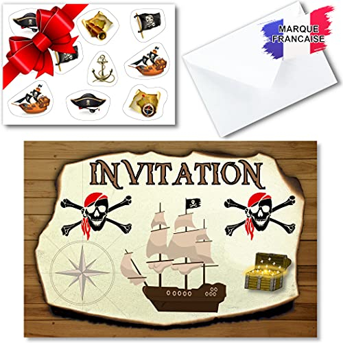 kit créatif 10 cartes invitation anniversaire garçon en français sur le thème pirate pour 10 invités (10 cartons d invitation + 10 enveloppes + 1 planche de 10 stickers). Idéal enfants de 4 à 10 ans