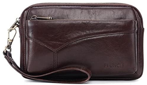 Leather Clutch Bag Wrist Purse for Men Women Business Organizer Wristlet Strap Pouch Coin Money Case Wallet Handbag Cell Phone Holder Daypack Coffee