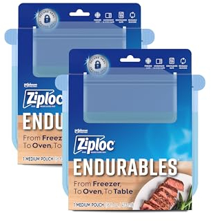 Ziploc Endurables Medium Pouch, 2 Cups, Reusable Silicone Bags and Food Storage Meal Prep Containers for Freezer, Oven, and Microwave, Dishwasher Safe, 2 Pack