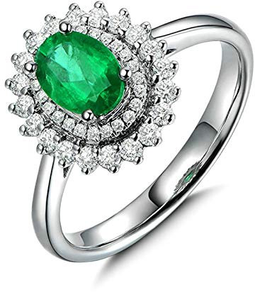Gualiy Weißgold 18K Ring Damen, Weißgold Ring mit Smaragd Blume Form mit Smaragd und Diamant 1.48 Carat Verlobungsring und Ehering Größe 53 (16.9)