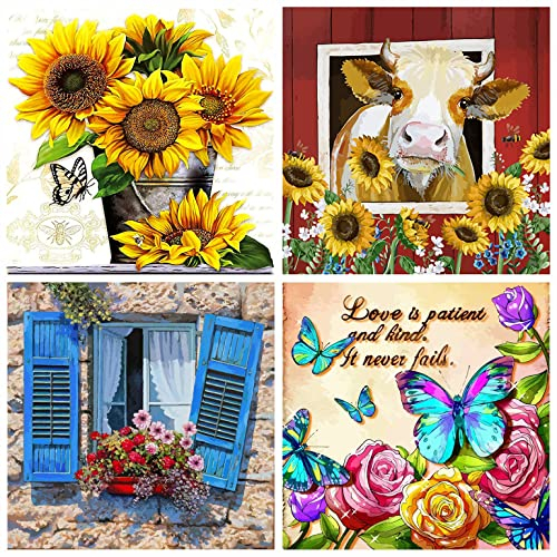 Diamond Painting, 4 Pack DIY 5d Diamant Painting Bilder Vollbohrer Diamant Painting Bilder Leinwand Kreuzstich Stickerei Nach Zahlen Diamond Painting Zubehör für Geschenke,Erwachsene,Wand,Wohnkultur