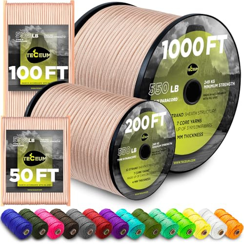 TECEUM Paracord Rope Type III 550 – Tactical MIL-SPEC – Outdoor Para Cord | Beige, 305m, Clothesline, Camping Fishing Gear and Equipment, DIY, Parachute Cord 4mm, Strong Survival Utility Rope