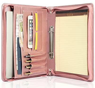 FREI NAME GRAVUR, Konferenzmappe a4 mit Gravur, 2 Ring Binder PU Leder Schreibmappe, Ringbuchmappe Dokumentenmappe A4 mit Reißverschluss/Notizblock, Geschenk für Damen/Frau, Customized, Rosegold