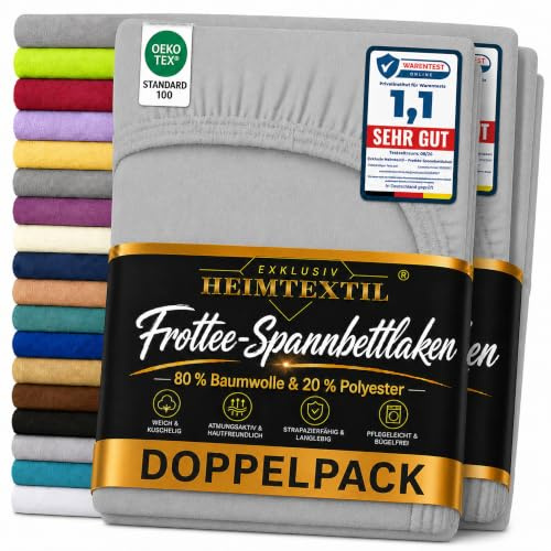 EXKLUSIV HEIMTEXTIL Frottee Spannbettlaken Doppelpack 90-100 x 200 cm 80% Baumwolle, 20% Polyester Öko - Tex Zertifiziert, Markenqualität, Matratzenhöhe bis 25 cm, Silber