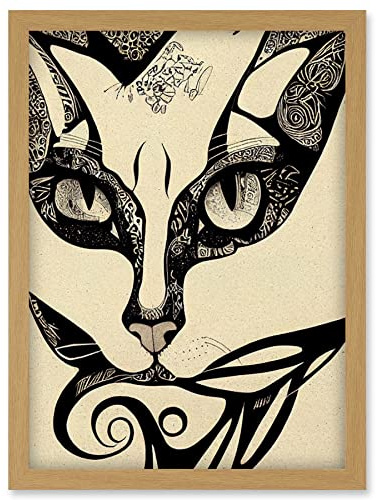 Doppelganger33 LTD Abstract Boho Portrait Cat Sketch Cat Tribal Intricate Artwork Framed Wall Art Print A4