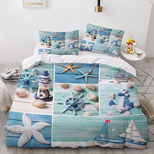 VASENA Bettwäsche Leuchtturm Anker Bettwäsche 135x200 Kinder Maritimes Thema Bettbezug Set Weich Microfaser Kinderbettwäsche 3 Teilig Mit ReißVerschluss Mit 2 Kissenbezug 80x80 cm