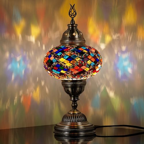 DEMMEX Turkish Moroccan Mosaic Table Bedside Night Lamp, Tiffany Style Handmade Glass Mosaics Unique Oriental Exotic Table Lamp, 16cm Big Size Globe, 36cm Height, Handmade (Multicolor - 3)