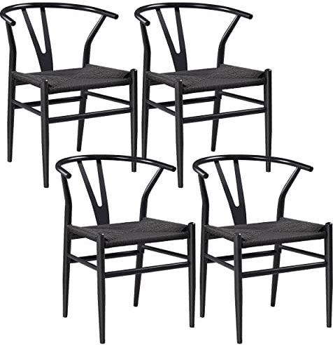 Yaheetech 4er Mittelalterlicher Stil Esszimmerstühle, Y-Stuhl mit Metallrahmen, Rattan Stuhl bis 150KG belastbar, Full schwarz
