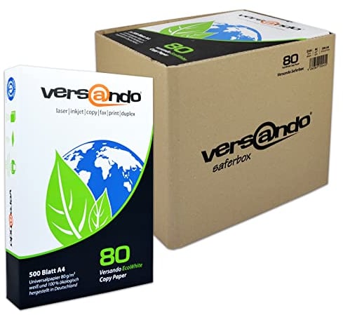 versando 2.500 Blatt Recyclingpapier DIN A4 EcoWhite 80g Kopierpapier Druckerpapier Öko hohe Weiße ISO 90 - Blauer Engel zertifiziert - Umweltpapier in der Saferbox