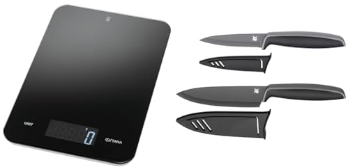 WMF Digitale Küchenwaage 23 x 15 x 2 cm, Backwaage, schwarz & Touch Messerset 2-teilig, Küchenmesser mit Schutzhülle, Spezialklingenstahl antihaftbeschichtet, scharf, Kochmesser, Gemüsemesser, schwarz