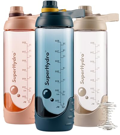 Super Hydro Sport-Mixer-Flasche, BPA-frei, ungiftig, langlebig, auslaufsicher, Eco-Tritan-Wasserflaschen, ideal für Reisen, Sport, Wandern, Fitness, mit Messmarkierungen für Männer und Frauen, 3 Stück