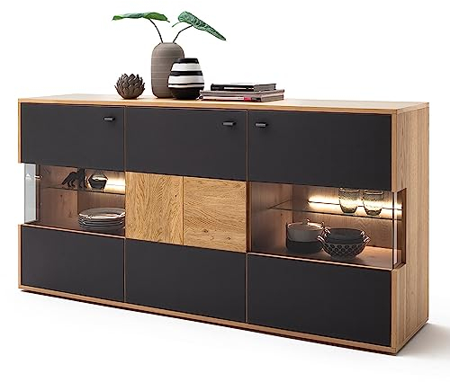 Sideboard Kommode mit Vitrinenfächern, inkl. LED-Beleuchtung, 184 cm, in Eiche Bianco teilmassiv, B/H/T ca. 184/92/44 cm