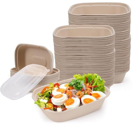 Kaderron 43 oz 50 Pack Large Paper Bowls with Lids, Disposable Bowls Bulk Leakproof and Microwave Safe for Hot/Cold Use