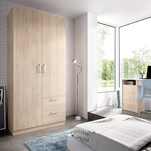 Dmora - Garde-Robe 2 Portes Velino, Cintre pour Chambre, Armoire 2 tiroirs, 100x52h215 cm, Chêne