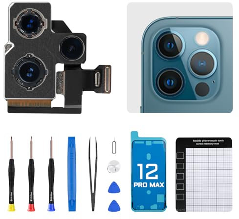 DGSCSMY Ersatz-Rückkamera für iPhone 12 Promax 17 cm (6,7 Zoll), 12 MP, Haupt-Rückkameraobjektiv mit Ultra-breitem Teleobjektiv, OIS HDR Fotos, 4K-Videoanschluss, Reparaturwerkzeug-Set A2342, A2410,