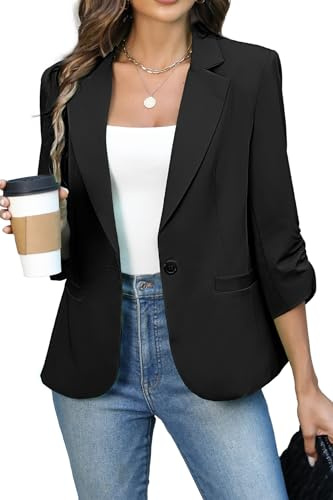 ELLEVEN Womens Blazer Business Casual Suit Jacket Slim Fit Fitted Ruched 3/4 Sleeve Petite Crop Blazer Dressy Full Lining Lightweight Outfits Coat Cardigan with Padded Shoulder Black Large