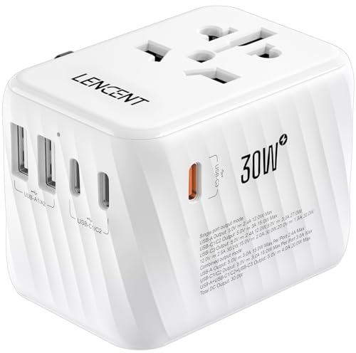 LENCENT 30W Reiseadapter Weltweit, Universal Reisestecker Adapter mit 2 USB A und 3 USB C, Internationaler Steckdosenadapter für Japan England USA Thailand Australien Europa, Weiß