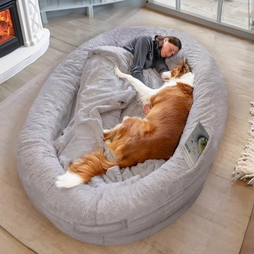Hundebett für Menschen & Hunde | Riesiges Human Dog Bed für Menschen | Warmes & bequemes Beanbag Bed | Hundebett für Menschen & Haustiere in Menschengröße | Decke Inklusive & Abnehmbarer Bezug | Grau