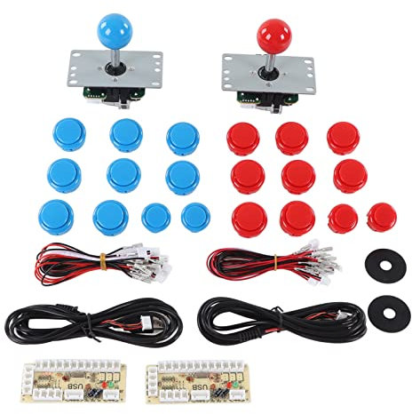 2 Player DIY Arcade Rocker Accessories, USB Board Game Encoder Joystick Arcade Buttons Set for Friends Gathering (Blue Red)