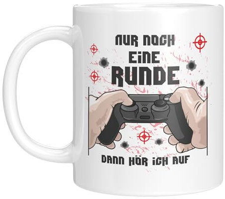 TassenTicker - Nur noch eine Runde - dann hör ich auf - Tasse - Gamer - Kaffeebecher - Controller - Motiv - lustiger Spruch - Zocker - Geschenkidee - Weiss