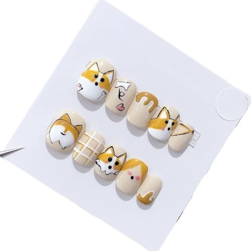 Tragen Sie den Nagel von Hand, Corgi-Nagelpflege, Cartoon, niedlich, zum Tragen von Nagelpflege, kurze künstliche Nägel (XS)
