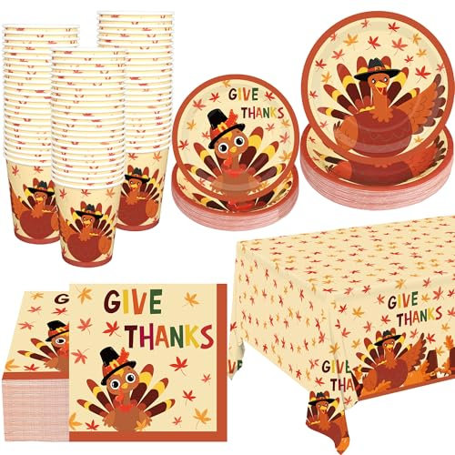 Thanksgiving Turkey Party Tableware Set Disposable Turkey Maple Leaves Party Supplies Thanksgiving Paper Plate Cups Napkins Plastic Tablecloth for Fall Thanksgiving Party Decorations, Serve 25