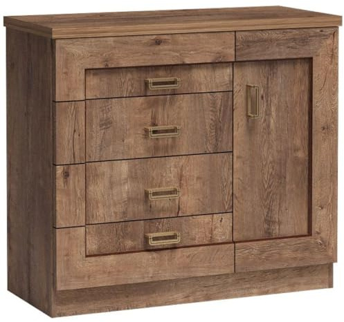 Lomadox Kommode Anrichte Sideboard Schrank rustikal Lefkas Eiche 1 Tür 4 Schubladen 100x91x44 cm