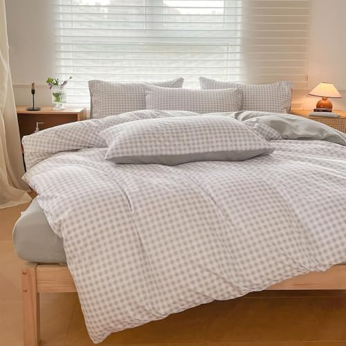 NSNLGSGC Parure de lit King size Vichy gris clair 220 x 230 cm
