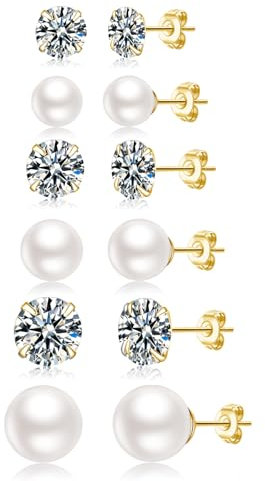 Senteria 6 Paar Gold Ohrstecker für Damen 14 Karat Vergoldet Ohrstecker Set Hypoallergen Kleine Perlen Zirkonia Ohrstecker Winzige Knorpel-Ohrstecker für Damen und Herr 3-8MM