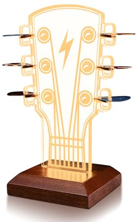 CoolGift Mart Leuchtender Gitarren-Pick-Halter, Acryl Gitarre Headstock Shaped Pick Holder mit hölzernen Basis für Picks Lagerung und Anzeige, Geschenk für Gitarristen Gitarristen