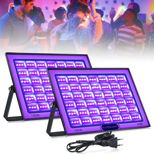 BOWEICORE UV Schwarzlicht 100W 2 Stück Blacklight, IP66 Wasserdichte Schwarzlicht Led Strahler, UV Licht Schwarzlichtlampe, für Disco, Glow Party, Halloween Deko, Bühnenbeleuchtung, Party Zubehör