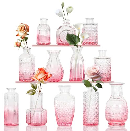 Kleine Glasvasen Set von 12, für Tischdekoration, Hochzeit, Empfang, Zuhause, Vintage-Flaschen, Rosa, Dekorative Glasvasen mit Deckeln(12, Rosa)
