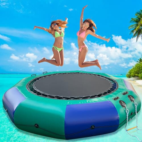 Inflatable Water Trampoline for Lake,10FT/12FT Floating Water Trampoline for Adults Portable Bounce Swim Platform with Electric Pump and Rope Ladder (Blue+Green, 12FT)
