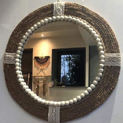 SWANELL Miroir Rond avec Cadre en Corde de Jute et Perles en Bois, 44 cm de Diamètre, Écru