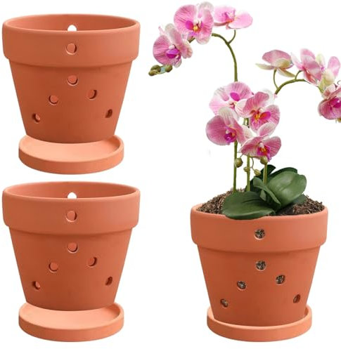 Lot de 3 pots à orchidée en terre cuite de 10,2 cm avec trous et soucoupes pour rempoter de petites orchidées