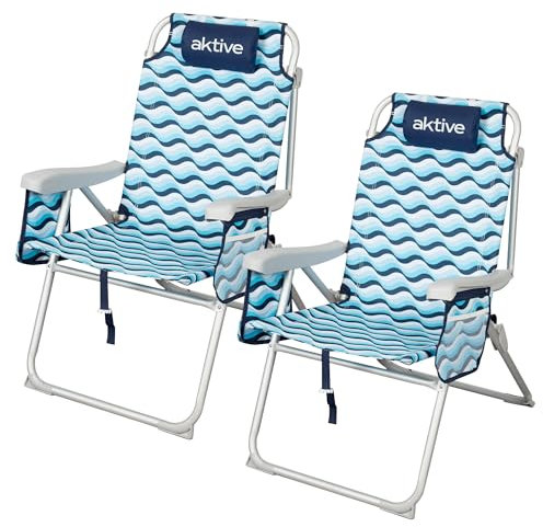AKTIVE Pack 2 sillas de Playa Plegables XL 48x78x95 cm, Aluminio y poliéster, Respaldo 5 Posiciones, Antivuelco, Asas Mochila, Bolsillos, Color Azul, Modelo Aruba (62416)