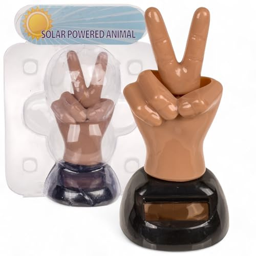 MIJOMA Solarbetriebene Wackelfigur - Bewegliche Figur mit Solarzelle, Kunststoff, 10 cm hoch, Keine Batterien notwendig, Für Fensterbretter, Autos & sonnige Plätze (Peace Hand Hautfarben)