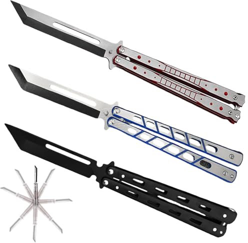 3 Stück Butterfly Trainer, Butterfly Messer zum Üben Ungeschärfte Klinge Übungs Kamm Edelstahl, Edelstahl Butterfly Knife für Trainingsmesser Anfänger Flipping Tricks üBt (Rot+ Schwarz + Blau)