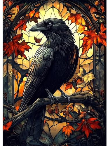 DAERLE Diamond Painting Erwachsene, Dark Beauty Crow, 5D DIY Diamant Painting Bilder Buntglas-Stil, Diamant Malerei Diamond Painting Runde Steine für Zuhause Dekor 30x40 cm