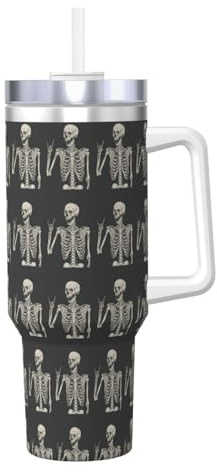 YBGHDAA Skull Rock Roll Skelett Knochen Druck 1,2 l Ice Bully Becher mit Griff Tumbler Cup Edelstahl auslaufsicher Becher für Damen Herren