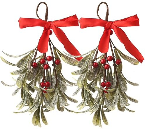 DAHI Weihnachtsmistel Dekor, 2 Stück Künstliche Mistelzweig Ornament Mistel hängende Dekorationen Glitter Weihnachtsbaum Zubehör Künstliche trockene Blatt hängende Dekoration für Baumtür (F)