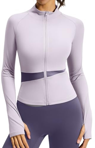 ATRACTIVOLL Chaqueta Deportiva Mujer Manga Larga Corriendo Tops Ligero Transpirable con agujeros para el pulgar con Cremallera Yoga Ropa Ajustada Chaqueta de Entrenamiento Fitness Correr Gimnasio