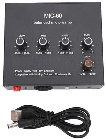 60dB Gain 48V Phantom Power High-Gain Microphone Preamp, Audio Interface Podcasting Recording Bundle with XLR 3.5mm 6.5mm Input Output for Condenser Dynamic Mics