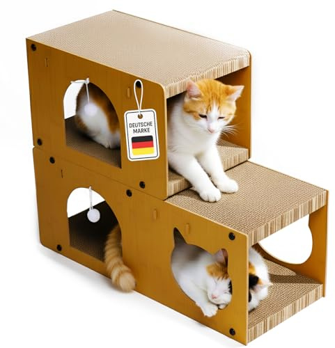 ROXLIN Katzen TV-Möbel, Holzdesign in Gelb, Kratzfläche mit Katzenhöhlen, Modernes Katzenspielzeug für Wohnzimmer, Möbelschutz mit Spielfunktion (Tunnel-Modell)